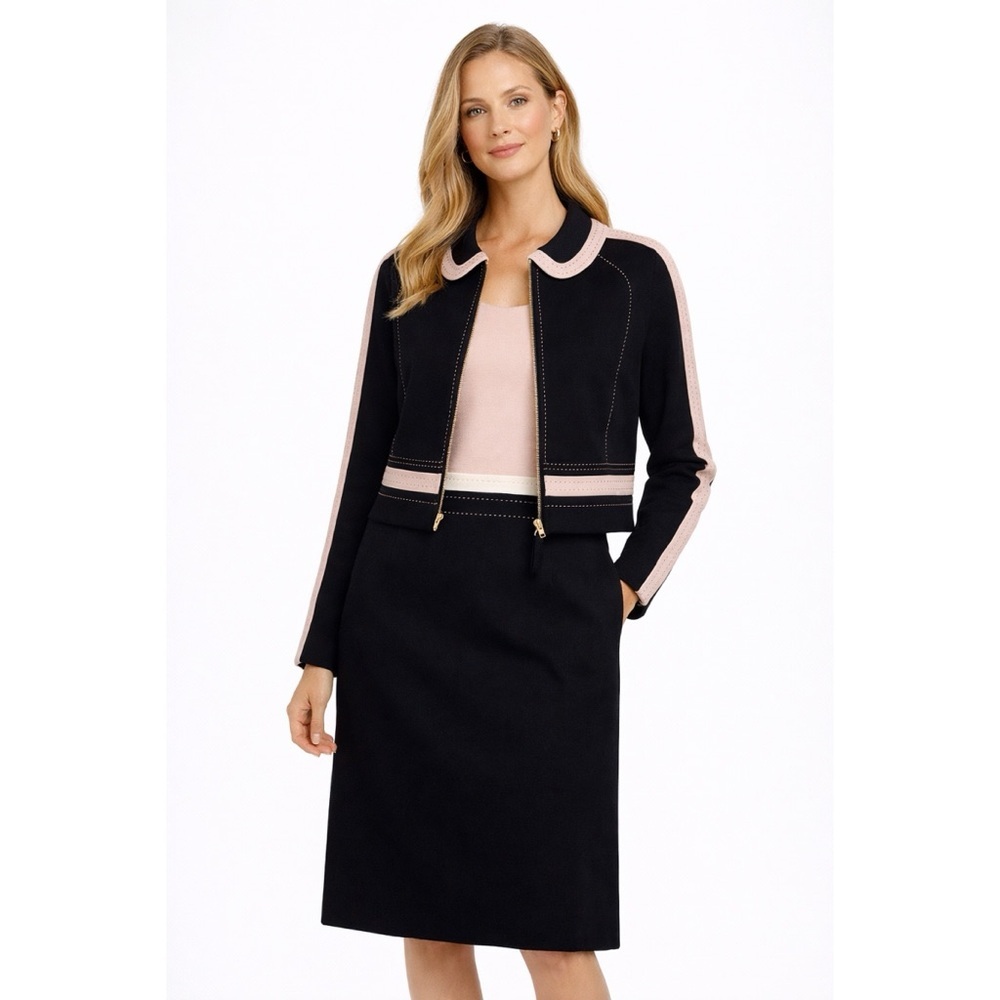 PAULE KA NEW!! Virgin Wool Blend Dress & Jacket Suit Set Pink Black 42 US 10